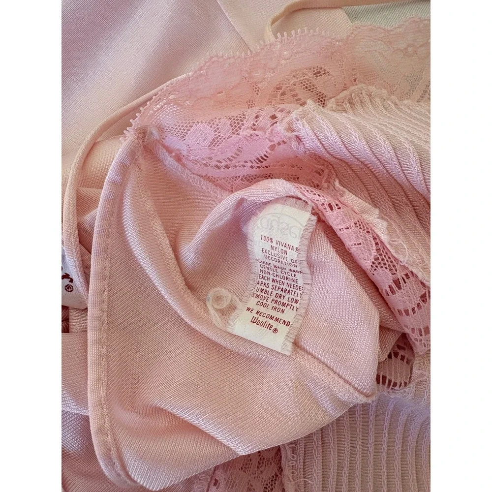 Vintage Pink kayser satin Lace Maxi Nightgown Spaghetti Strap Bow slip Sleepwear